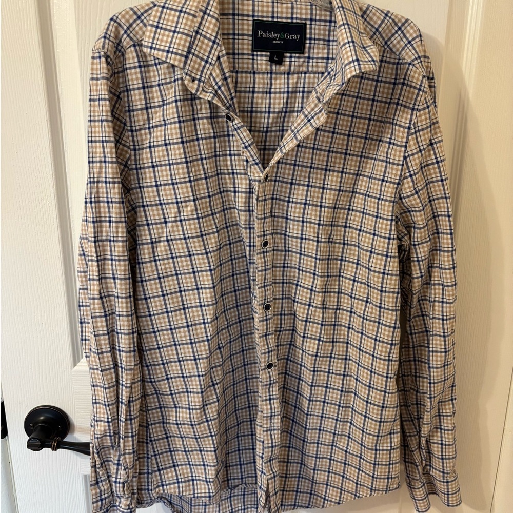 Paisley & Gray Men's Beige and Blue Checkered Shirt Large
